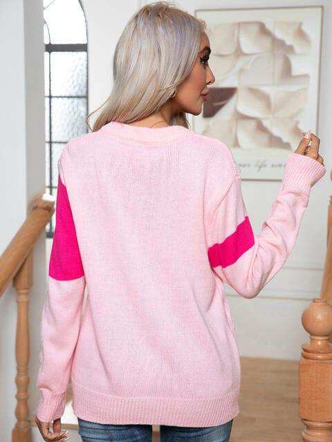Color Block Cable-Knit Round Neck Sweater - Trendsi - Flyclothing LLC