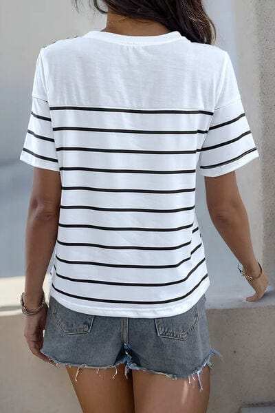 Decorative Button Striped Short Sleeve T-Shirt - Trendsi - Flyclothing LLC