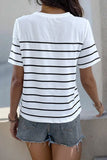 Decorative Button Striped Short Sleeve T-Shirt - Trendsi