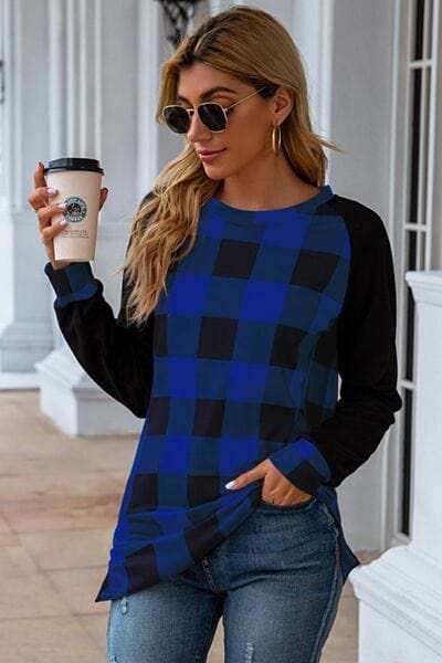 Plaid Round Neck Long Sleeve T-Shirt - Trendsi - Flyclothing LLC