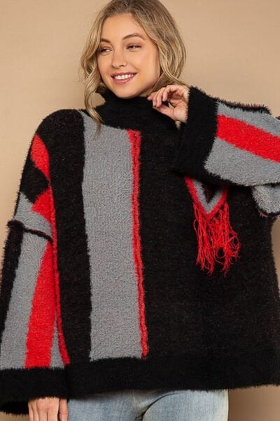 POL Turtleneck Color Block Fringe Detail Sweater - Trendsi