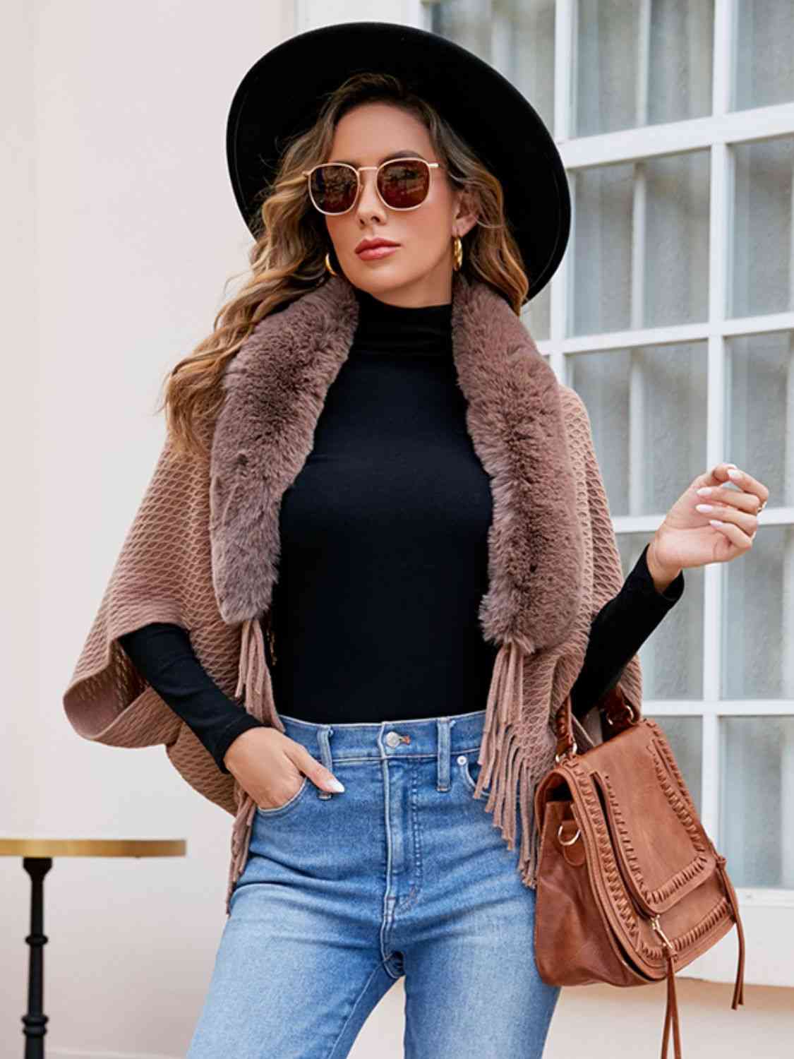 Open Front Fringe Hem Poncho - Trendsi - Flyclothing LLC