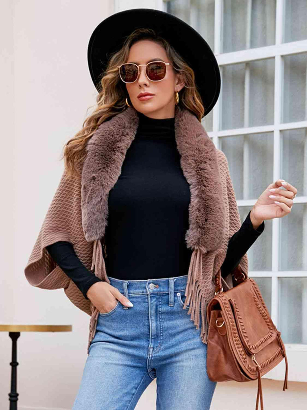 Open Front Fringe Hem Poncho - Trendsi