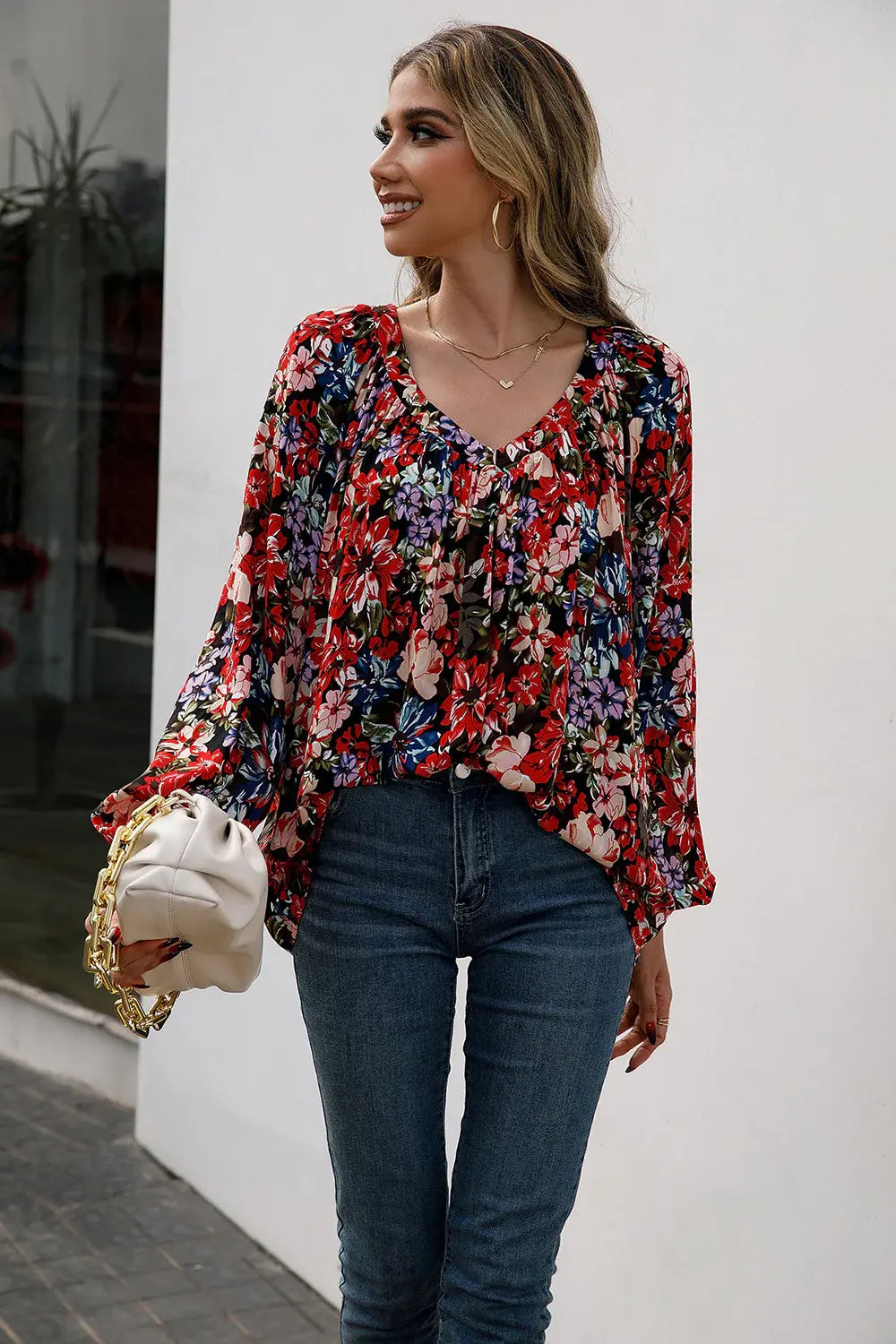 Floral Print Balloon Sleeve Ruched Blouse - Trendsi - Flyclothing LLC