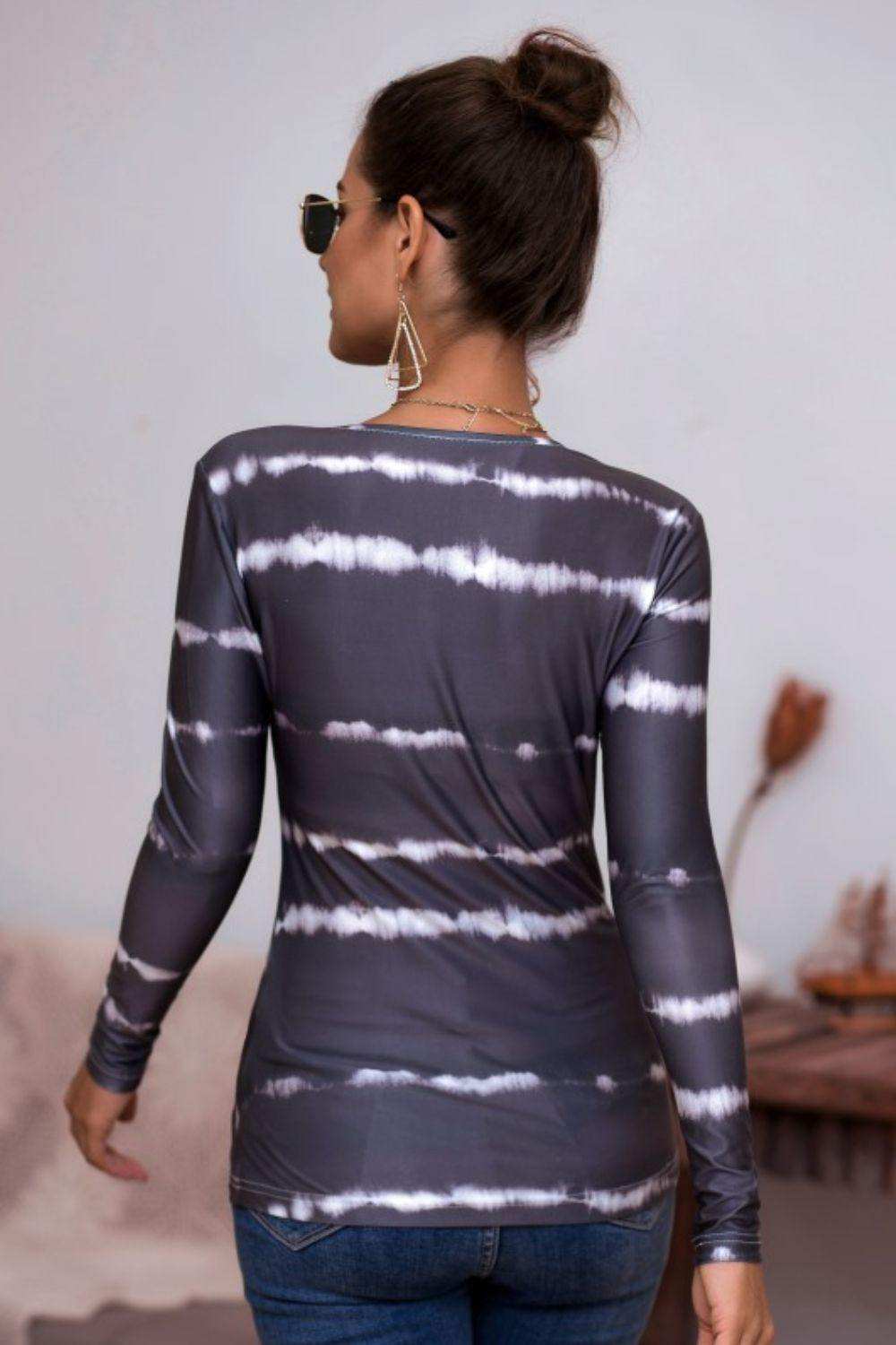 Tie-Dye Plunge Long Sleeve Top - Trendsi - Flyclothing LLC