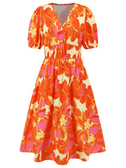 Ruched Printed Surplice Short Sleeve Dress - Trendsi