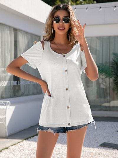 Decorative Button Round Neck Cold Shoulder T-Shirt - Trendsi - Flyclothing LLC