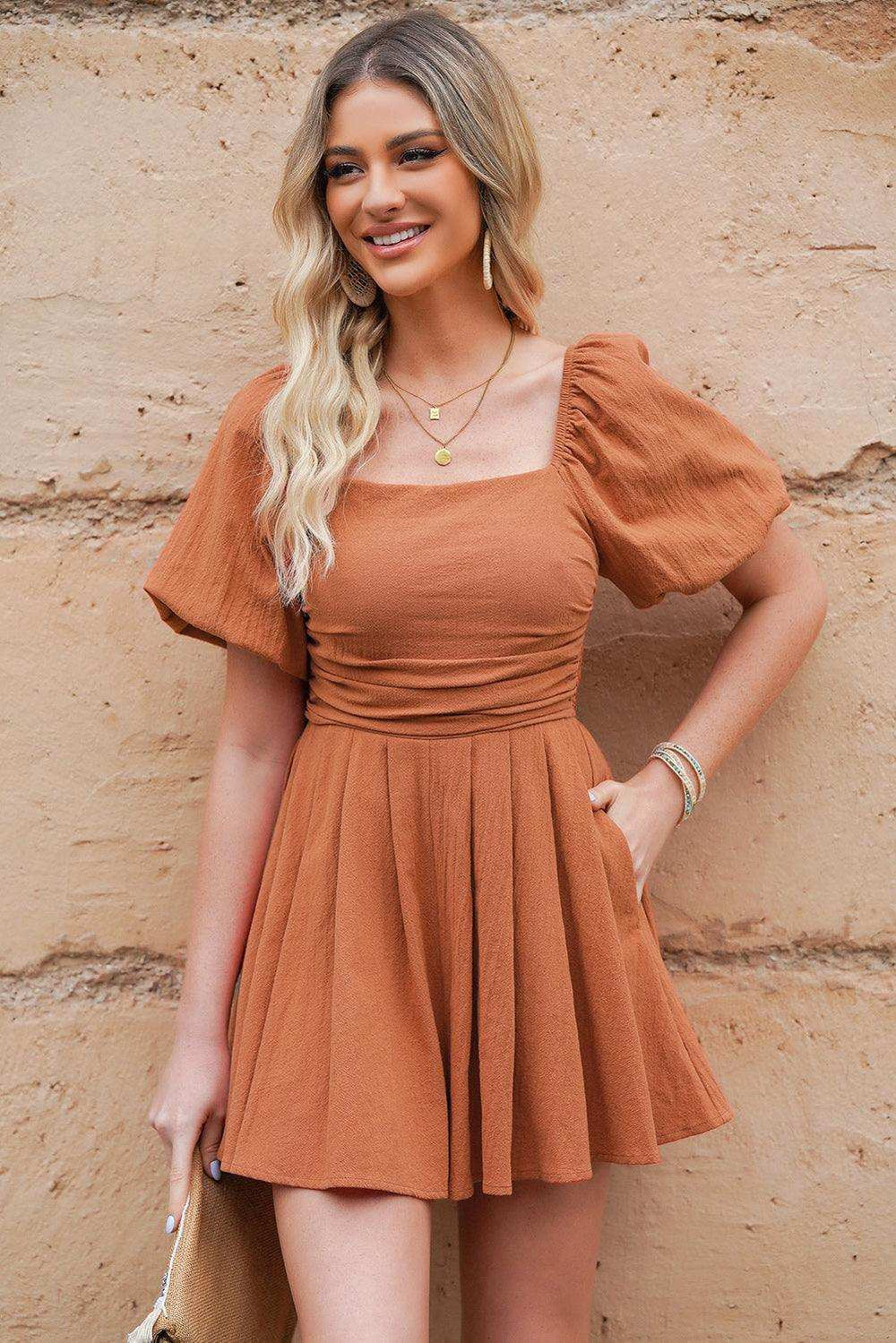 Square Neck Pleated Dress with Pockets - Trendsi - Flyclothing LLC