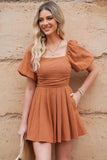 Square Neck Pleated Dress with Pockets - Trendsi - Flyclothing LLC