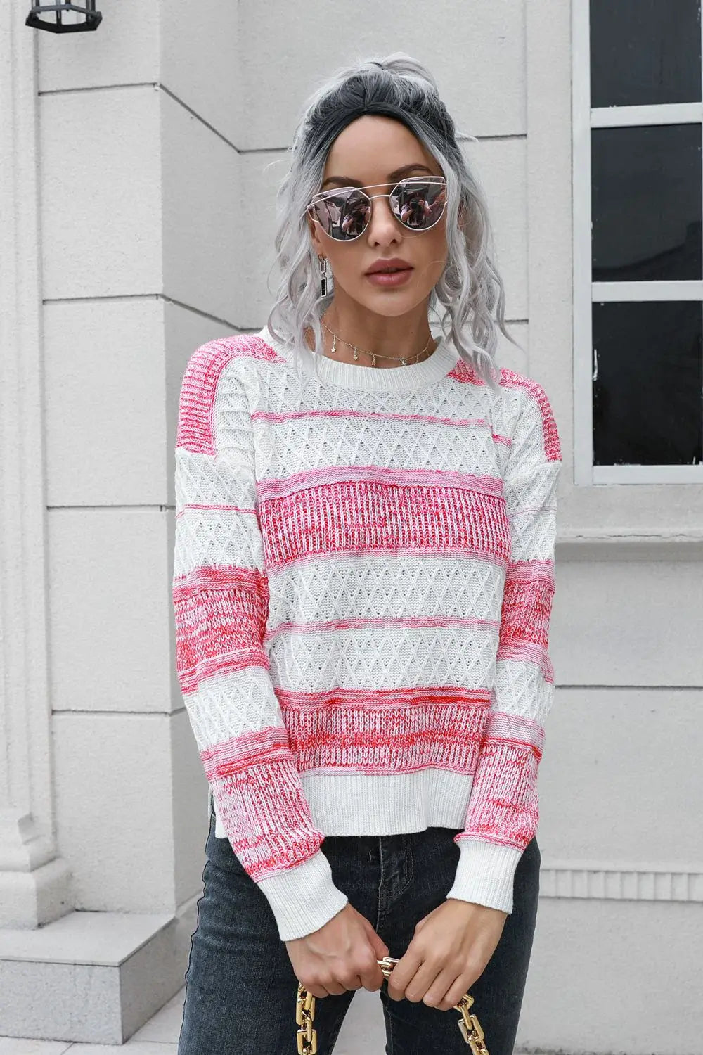 Two-Tone Slit Sweater - Trendsi - Flyclothing LLC
