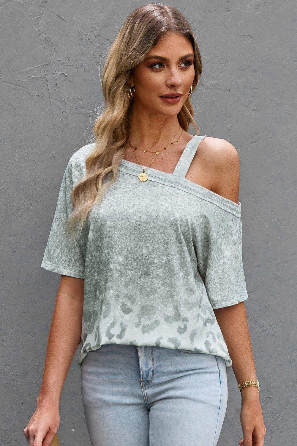 Leopard Asymmetrical Neck Cold-Shoulder Blouse - Trendsi - Flyclothing LLC