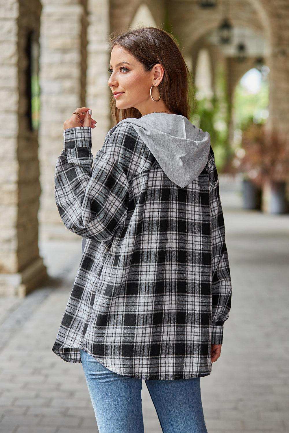 Plaid Long Sleeve Hooded Jacket - Trendsi - Flyclothing LLC