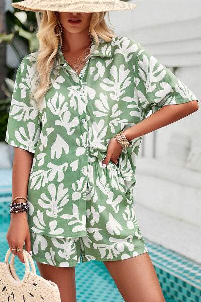 Printed Button Up Shirt and Shorts Set - Trendsi - Flyclothing LLC