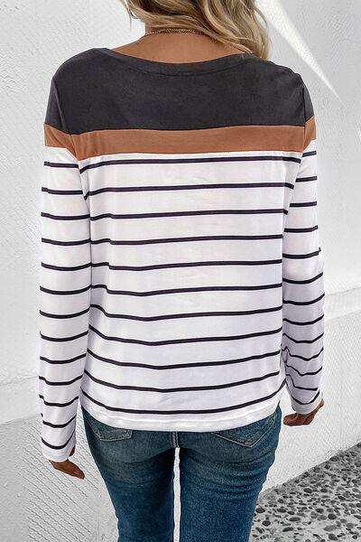 Striped Round Neck Long Sleeve T-Shirt - Trendsi - Flyclothing LLC