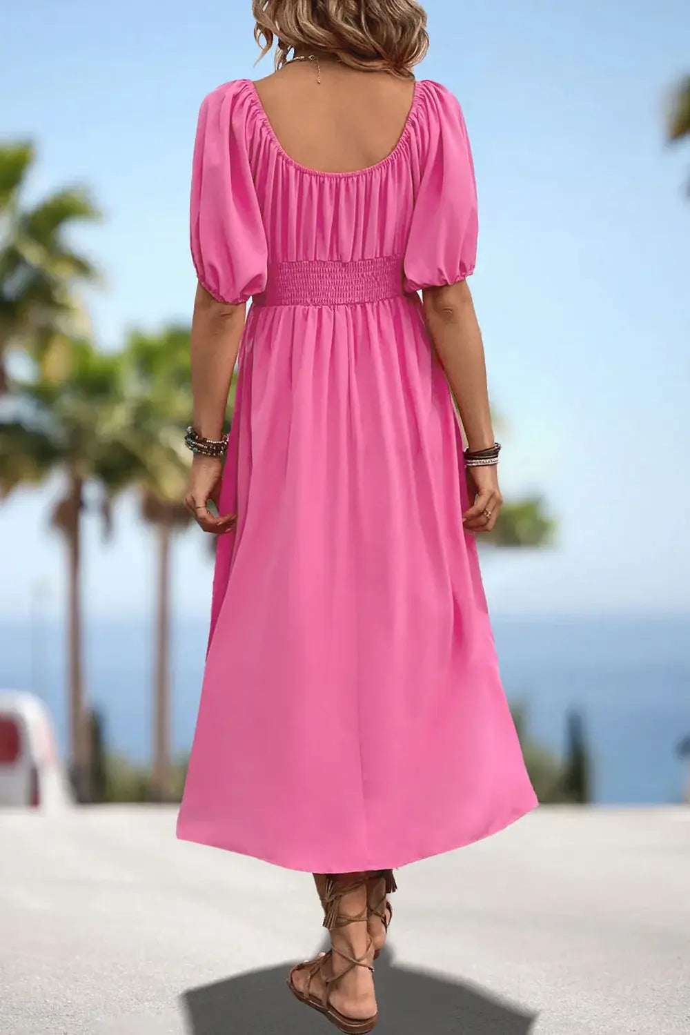 Square Neck Smocked Waist Puff Sleeve Midi Dress - Trendsi - Flyclothing LLC