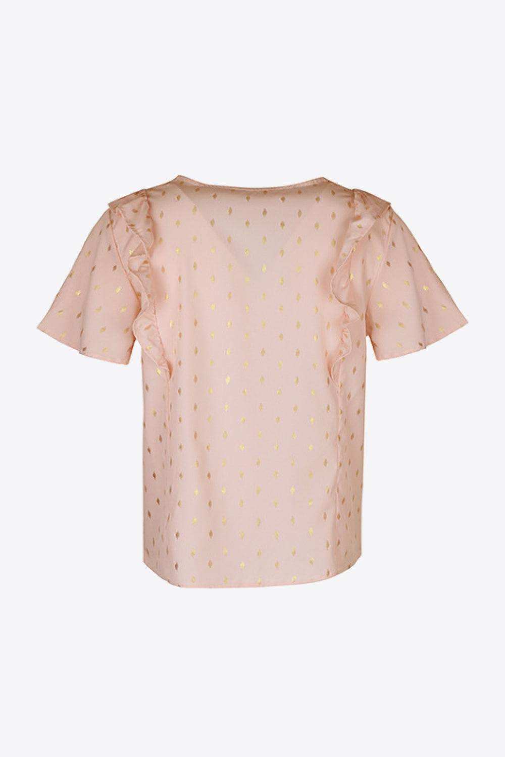 Printed Ruffle Trim Pleated Detail Blouse - Trendsi - Flyclothing LLC
