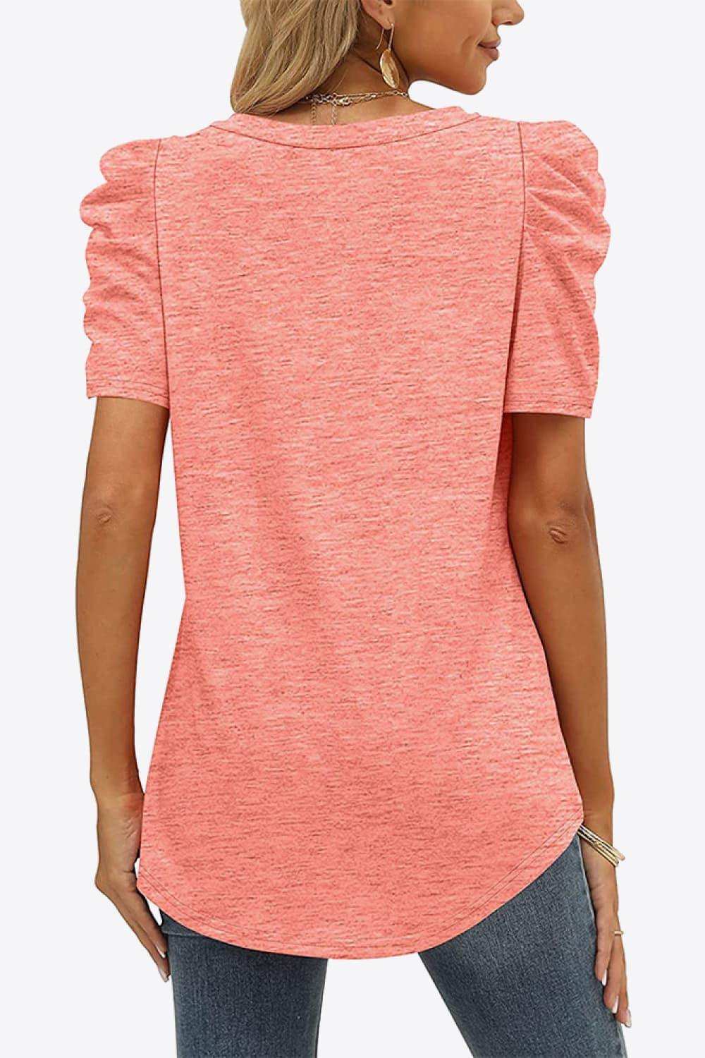 V-Neck Puff Sleeve Tee - Trendsi - Flyclothing LLC