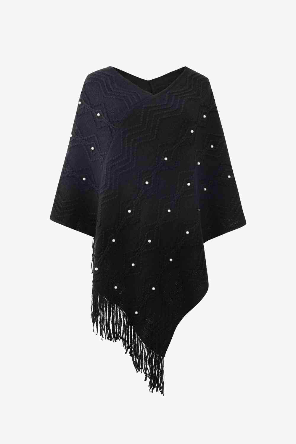 Pearl Trim V-Neck Fringe Hem Poncho - Trendsi - Flyclothing LLC
