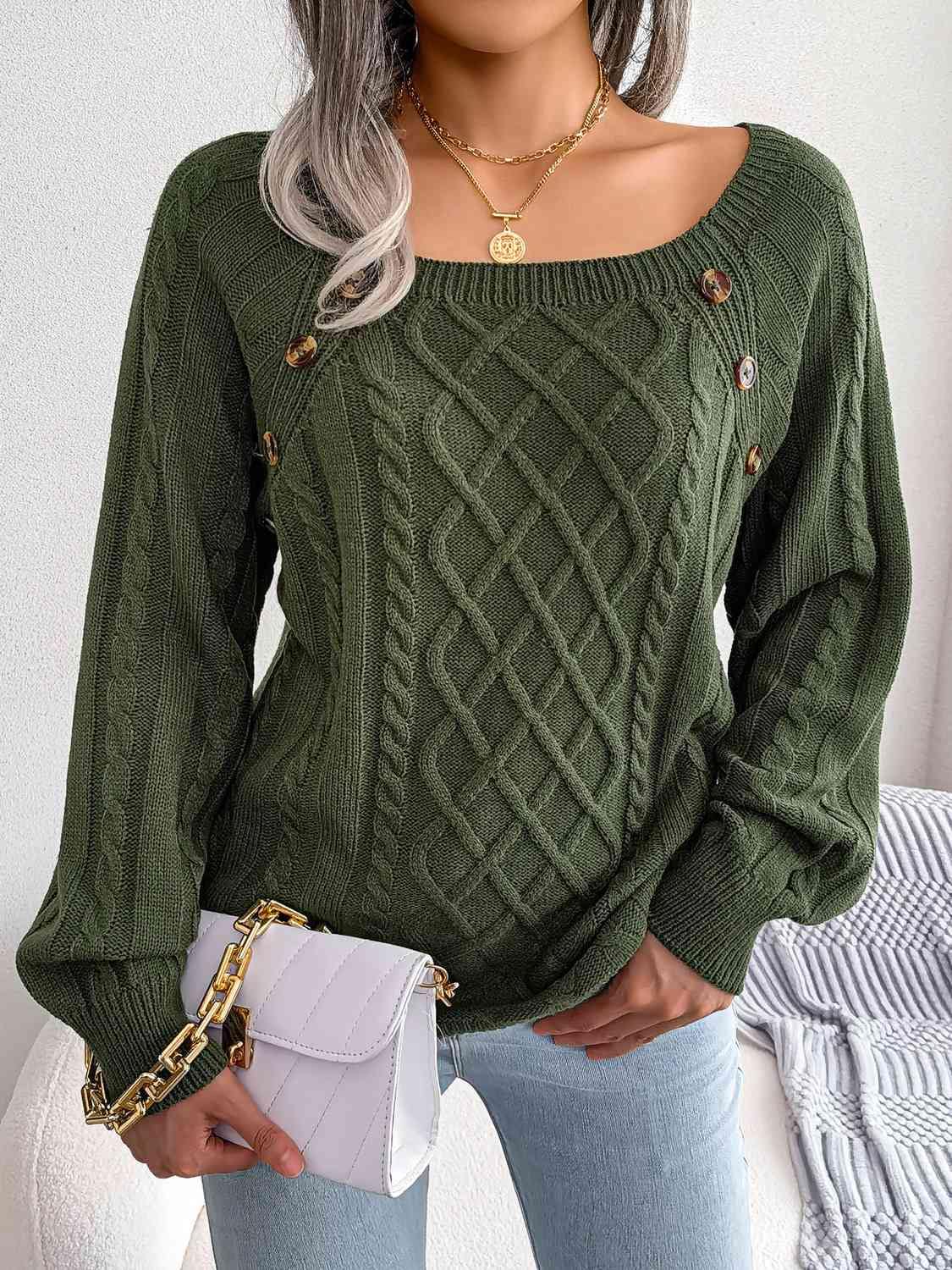 Decorative Button Cable-Knit Sweater - Trendsi