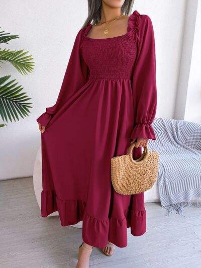 Smocked Square Neck Flounce Sleeve Dress - Trendsi - Flyclothing LLC