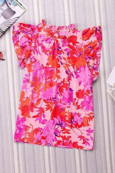 Frill Floral Mock Neck Cap Sleeve Blouse - Trendsi - Flyclothing LLC