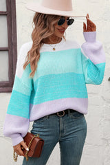 Round Neck Color Block Ribbed Pullover Sweater - Trendsi - Flyclothing LLC