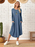 Pocketed Round Neck Long Sleeve Tee Dress - Trendsi - Flyclothing LLC
