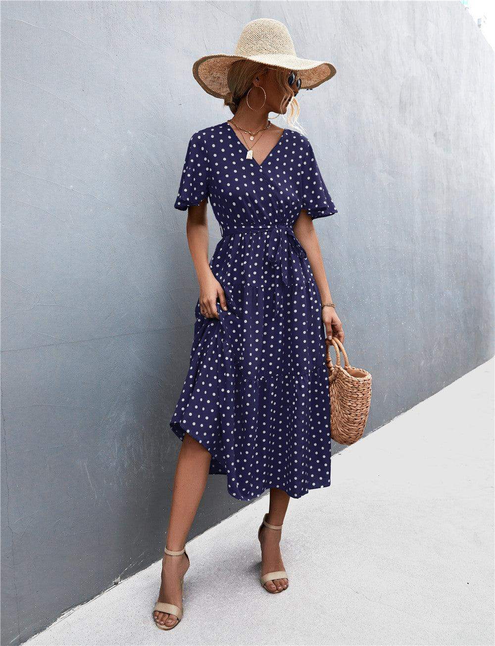 Printed V-Neck Flutter Sleeve Belted Dress - Trendsi - Flyclothing LLC