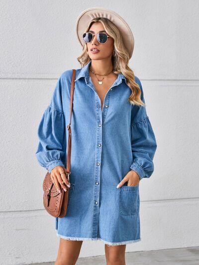 Button Up Pocketed Raw Hem Denim Dress - Trendsi