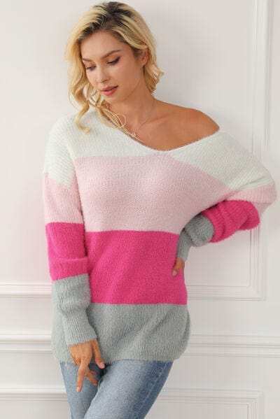 Color Block V-Neck Dropped Shoulder Sweater - Trendsi - Flyclothing LLC