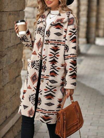 Geometric Pocketed Dropped Shoulder Coat - Trendsi - Flyclothing LLC