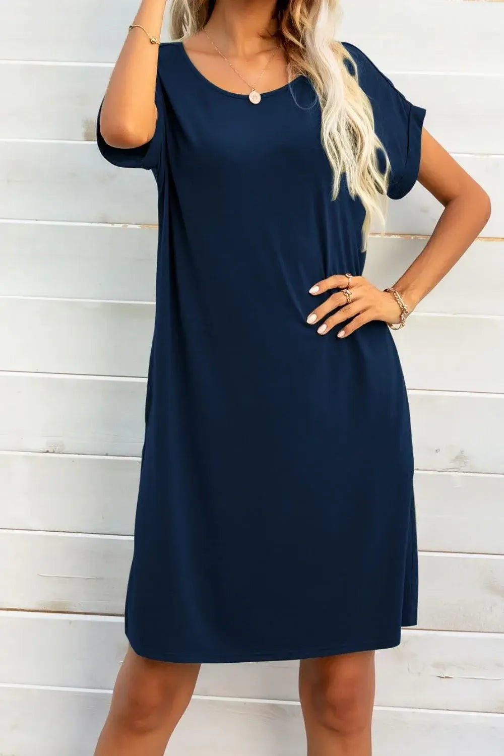Scoop Neck Short Sleeve Pocket Dress - Trendsi - Flyclothing LLC