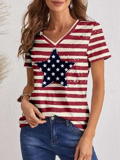 Striped V-Neck Short Sleeve T-Shirt - Trendsi - Flyclothing LLC