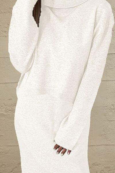 Turtleneck Dropped Shoulder Sweater and Midi Dress Sweater Set - Trendsi - Flyclothing LLC