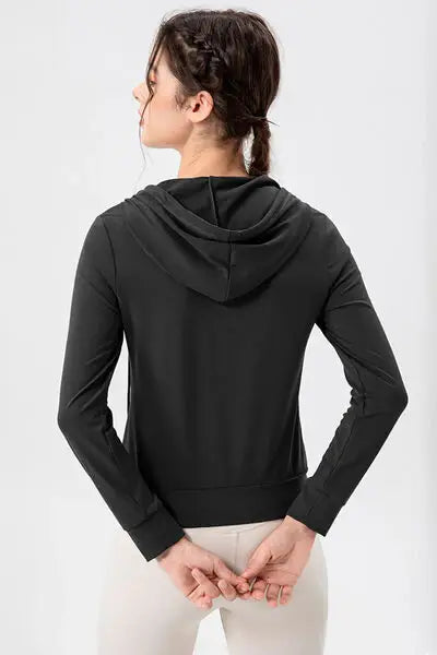 Drawstring Zip Up Hooded Active Outerwear - Trendsi - Flyclothing LLC