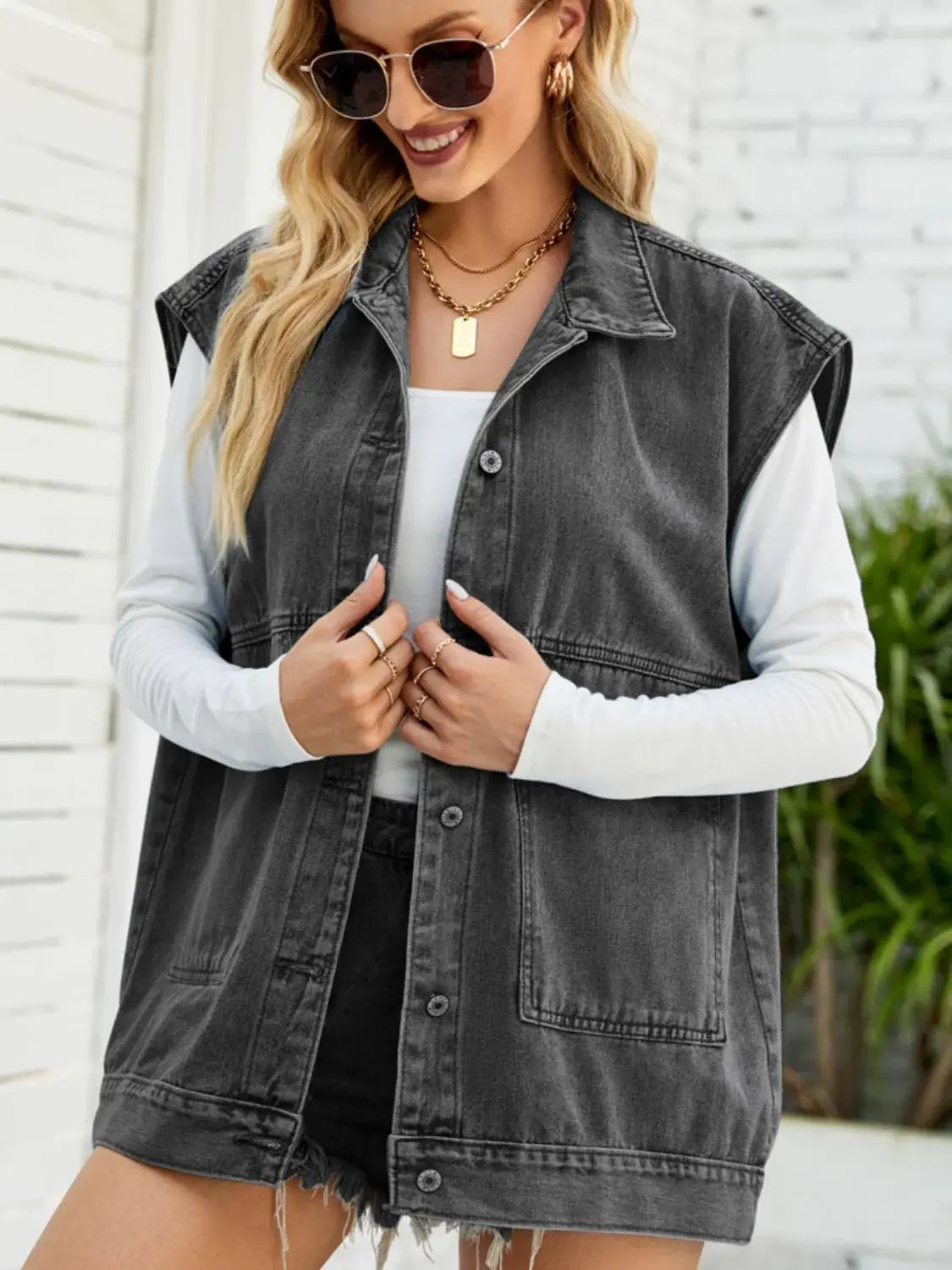 Collared Neck Sleeveless Denim Top with Pockets - Trendsi - Flyclothing LLC