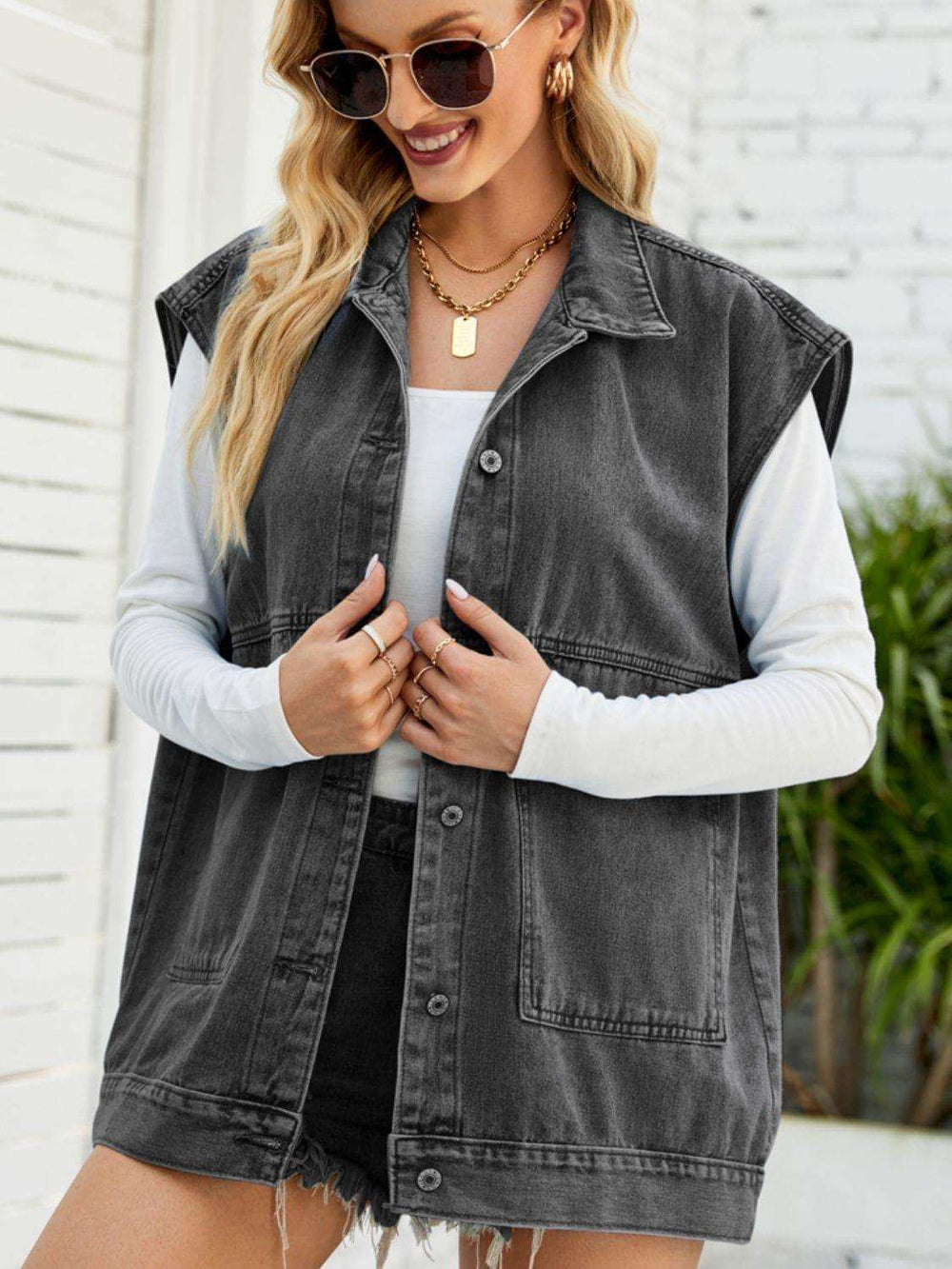 Collared Neck Sleeveless Denim Top with Pockets - Trendsi - Flyclothing LLC
