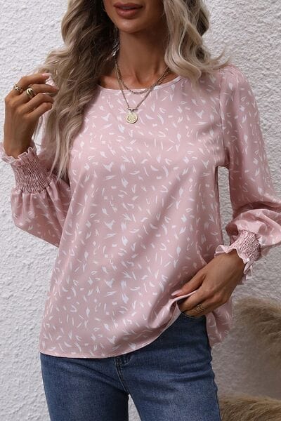 Printed Round Neck Lantern Sleeve Blouse - Trendsi