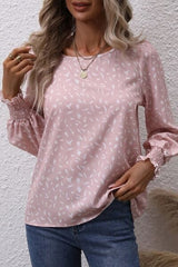 Printed Round Neck Lantern Sleeve Blouse - Trendsi