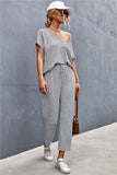 V-Neck Short Sleeve T-Shirt and Drawstring Waist Pants Set - Trendsi
