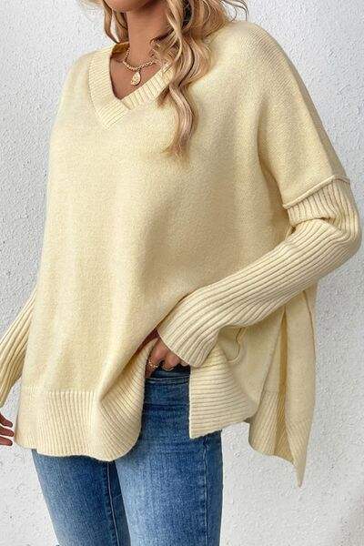 Slit V-Neck Dropped Shoulder Sweater - Trendsi - Flyclothing LLC