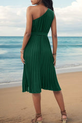 Pleated Single Shoulder Tie Waist Midi Dress - Trendsi - Flyclothing LLC