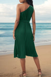 Pleated Single Shoulder Tie Waist Midi Dress - Trendsi