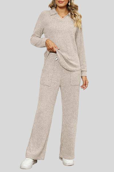 Ribbed Long Sleeve Top and Pocketed Pants Set - Trendsi - Flyclothing LLC