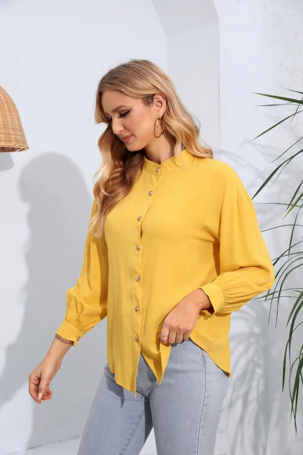 Mock Neck Buttoned Long Sleeve Shirt - Trendsi - Flyclothing LLC