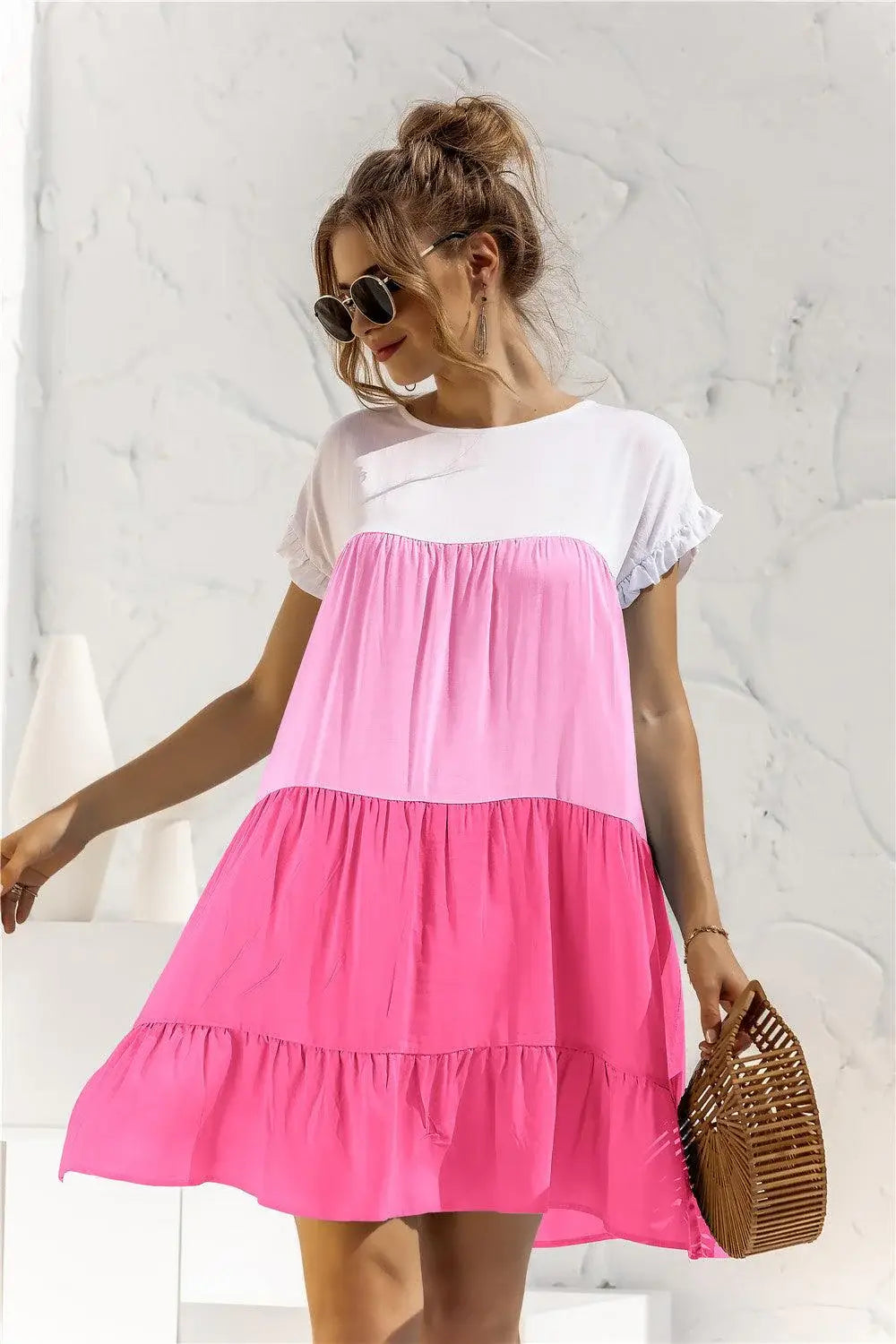 Color Block Round Neck Ruffle Hem Dress - Trendsi - Flyclothing LLC