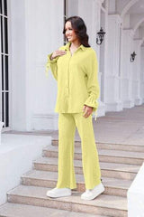 Drawstring Flounce Sleeve Shirt and Pants Set - Trendsi - Flyclothing LLC