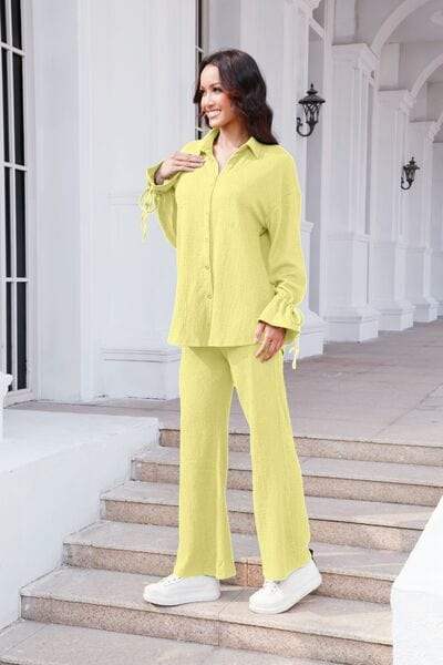 Drawstring Flounce Sleeve Shirt and Pants Set - Trendsi - Flyclothing LLC