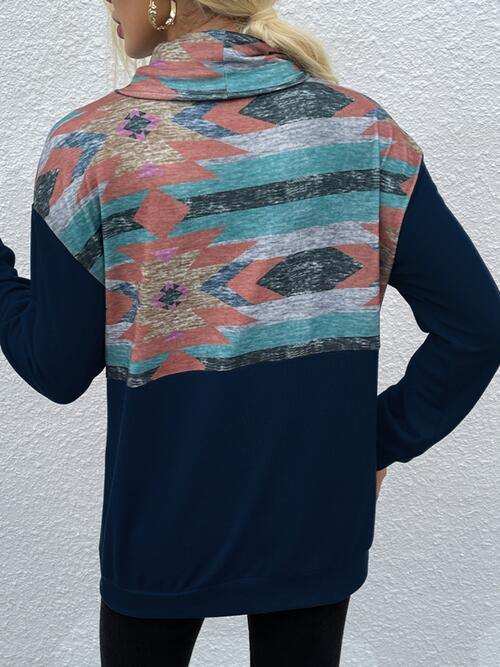 Geometric Drawstring Long-Sleeve Sweatshirt - Trendsi - Flyclothing LLC
