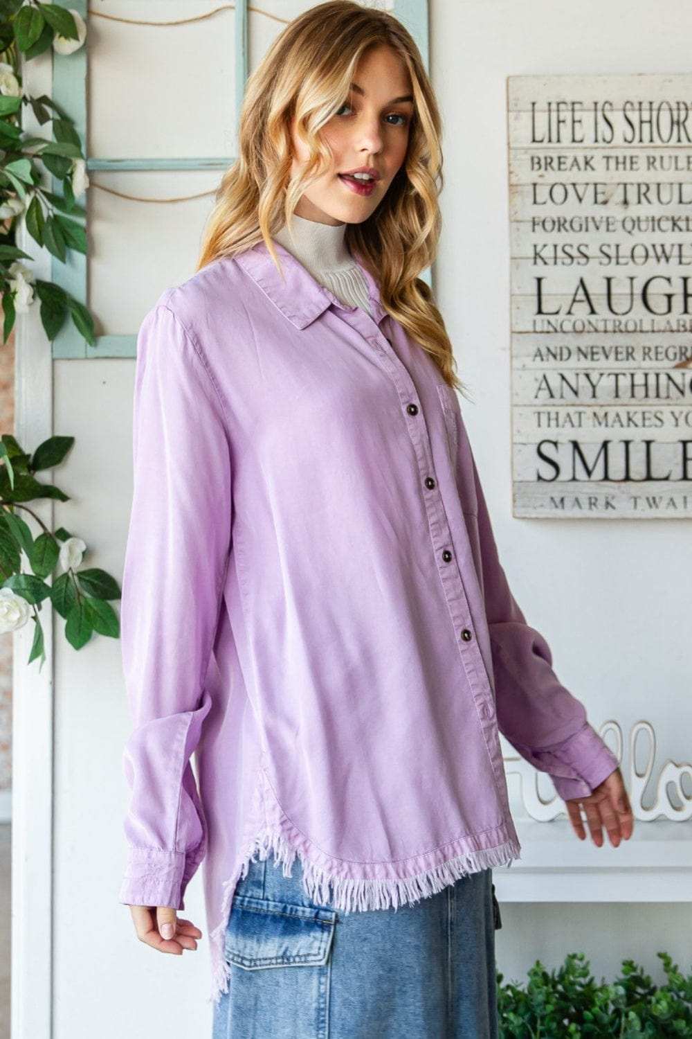 Veveret Raw Hem Button Up Long Sleeve Shirt - Trendsi - Flyclothing LLC